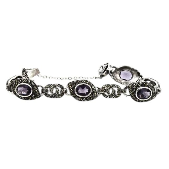 Vintage Sterling Silver Marcasite Amethyst Color Stones Bracelet